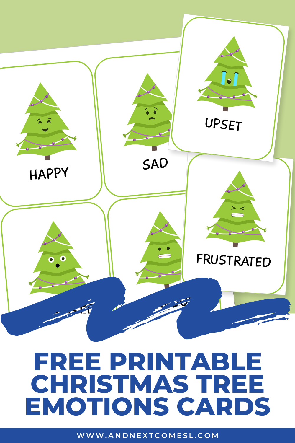 Free printable set of emotions cards with Christmas tree emojis