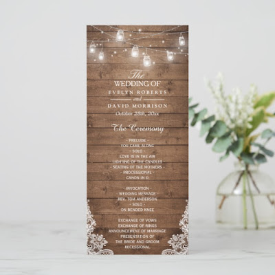  Wood Rustic String Lights Lace Wedding Program