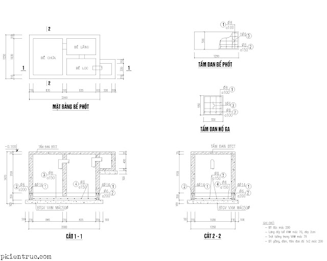 Bản vẻ đầy đủ của bể tự hoại 3 ngăn BTCT