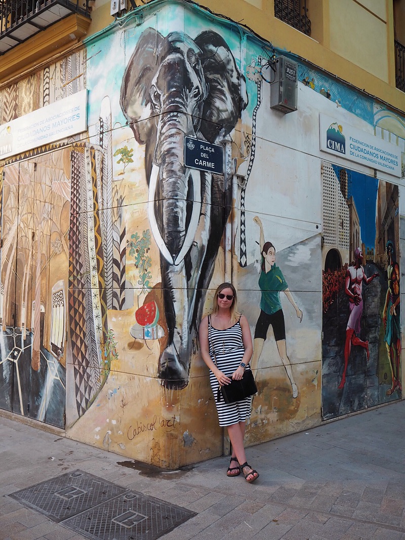 Leaning against the elephant mural at Plaza de Carme
