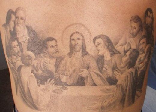 This religious tattoo is of the last supper and I was sad enough to count to
