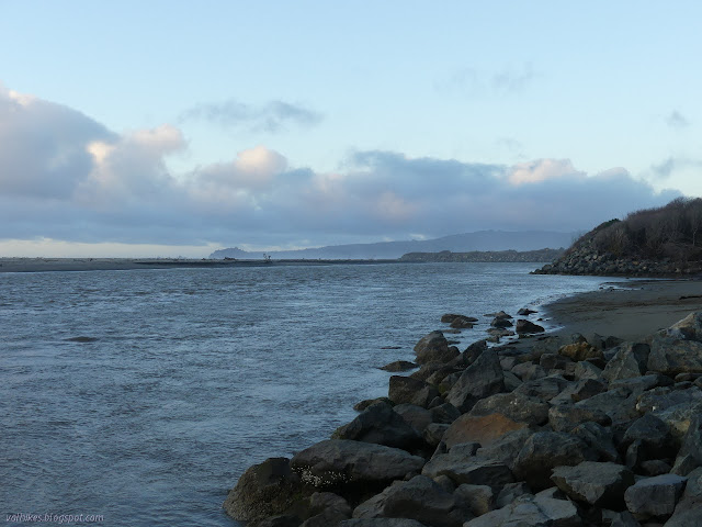 rocks at the side, then beach, along Mad River