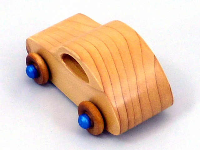 Wood Toy Car, 1957 Bug From the Play Pal Series, Satin Polyurethane Finish with Metallic Blue Sapphire Trim, Handmade