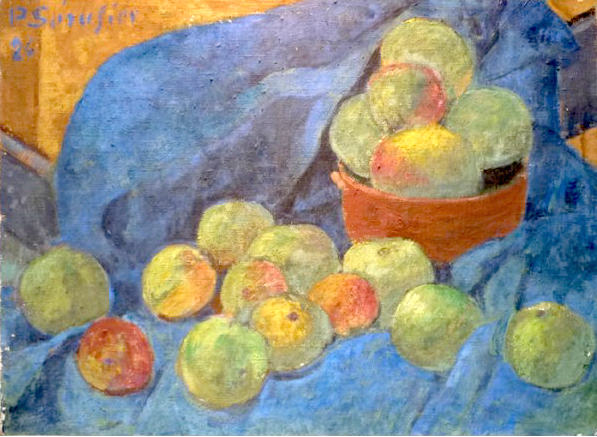 Paul Serusier (1864-1927) Nature morte aux pommes sur fond bleu Collection Privée