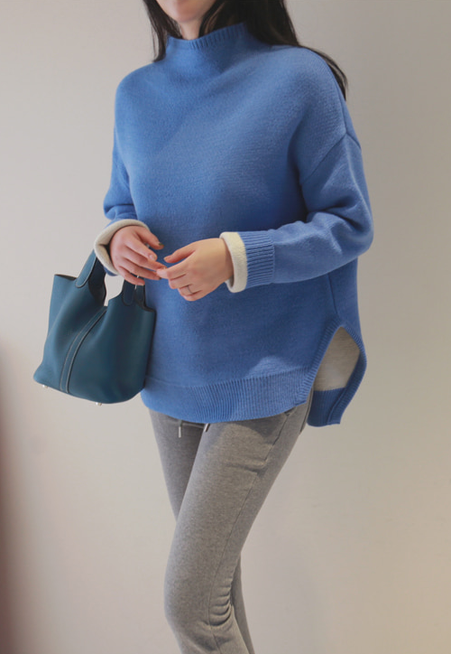  Mock Neck Side Slit Sweater