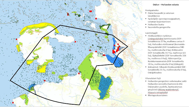 Kartta Oulun-Hailuodon edustasta. Karttaan merkitty suunnitteluun vaikuttavia kohteita. 