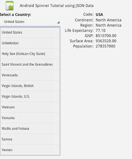 Android spinner example using JSON data from MySQL and Java Servlet