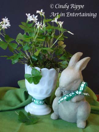 St Patrick's Day, Shamrock Centerpiece, Bunny statue, Irish Blessing, Florals-Family-Faith, Cindy Rippe