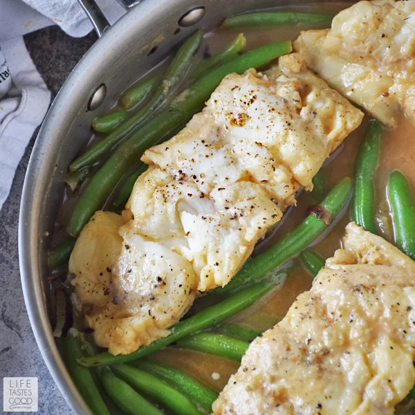 Poached Cod with Pesto Wine Sauce cooks in one skillet