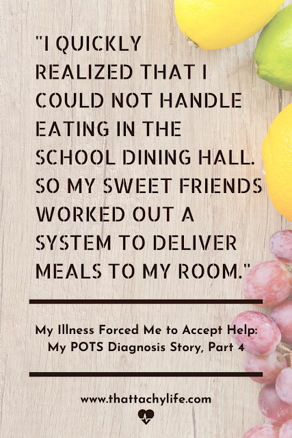 Title photo for POTS syndrome blog post with quote saying, "I quickly realized that I could not handle eating in the school dining hall. So my sweet friends worked out a system to deliver meals to my room." The blog post is titled "My Illness Forced Me to Accept Help: My POTS Diagnosis Story, Part 4". In the background are a few citrus fruits and some grapes on a wooden tabletop.