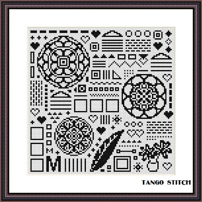 Elegant ornament black and white cross stitch pattern