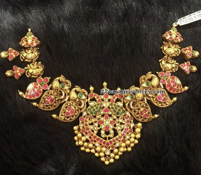 Nakshi Peacock Necklace with Red Kundan