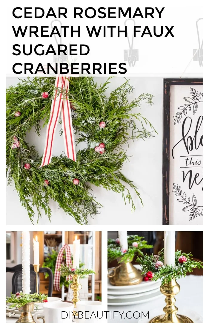 cedar rosemary wreath, faux sugared cranberries, red striped ribbon, black farmhouse hooks