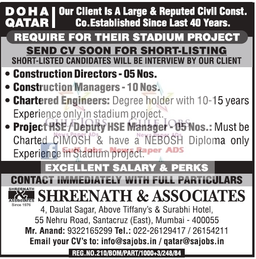 Large & reputed construction company jobs for Doha Qatar