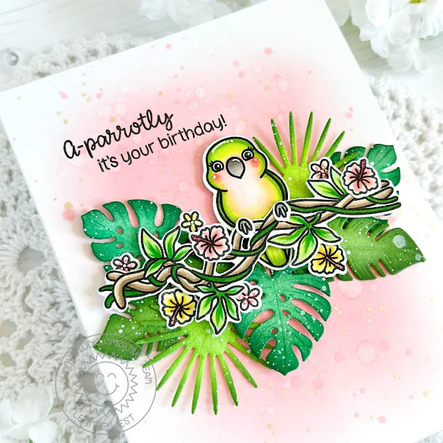 Sunny Studio Stamps: Tropical Birds Birthday Card by Leanne West (featuring Summer Greenery Dies)