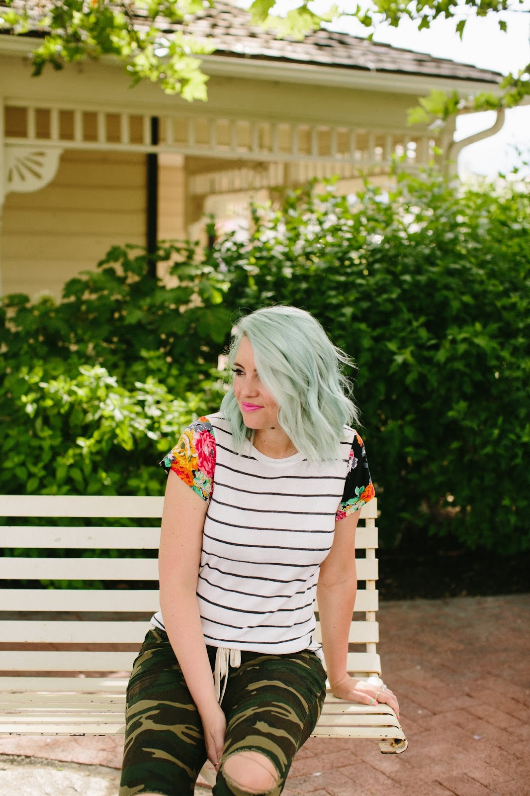 Mint hair, floral and stripes, camo ripped jeans