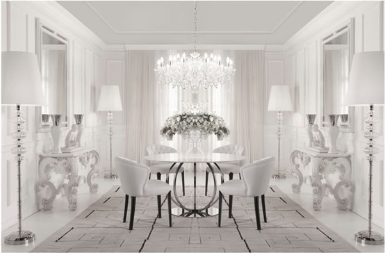 gorgeous light bright transitional style white dining room crystal chandelier modern furniture