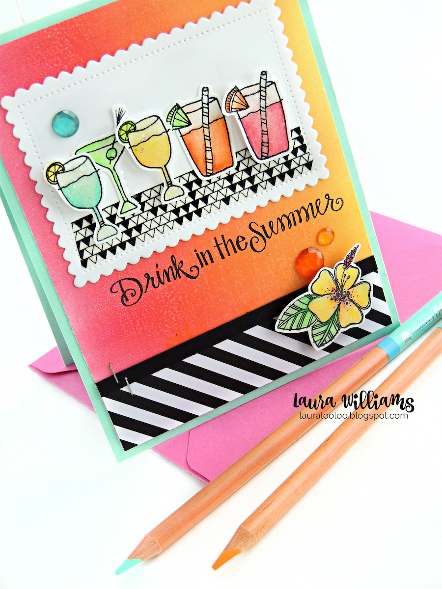 Drink in the Summer handmade summertime card making idea with Impression Obsession. Stamp and color colorful drinks and add to a Gel Press printed background for a tropical summer handmade card. Click to find all the details on this colorful card. #iostamps #cardmaking #stamping