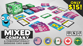 The banner for the Kickstarter page. The prototype components, including the box and various cards in different colours, with Mixxie, the speech balloon character mascot, and icons indicating price ($15) and shipping options (USA, EU, Mexico, Canada, and Australia).