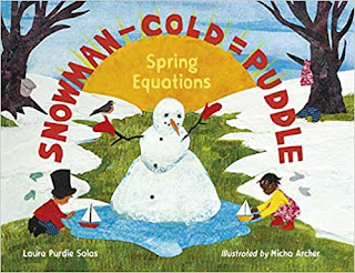 Cover of the picture book SNOWMAN - COLD = PUZZLE showing a melting snowman on a spring day.