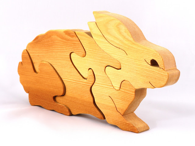 Wood Puzzle Bunny Rabbit, Handmade Simple Four Parts and Free Standing, Finished with Nontoxic Mineral Oil