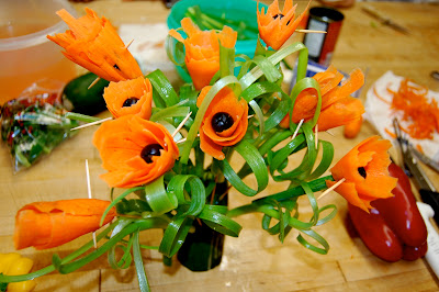 Carrot Flowers Ready to Snip off the Toothpicks and Stick  in Veggie Basket