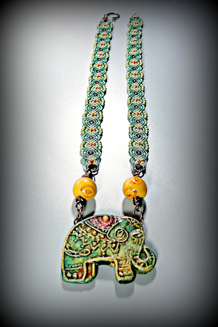 Micro macrame neckace by Sherri Stokey of Knot Just Macrame with elephant pendant from Staci Louise Originals.