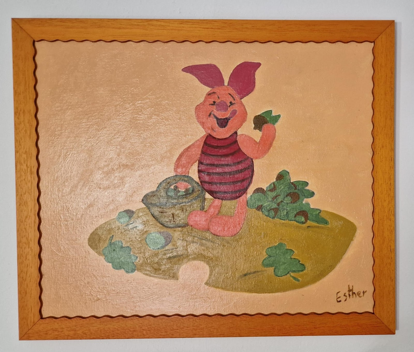 Piglet, dibujado y pintado como si fuera una niña, óleo de Esther Álvarez