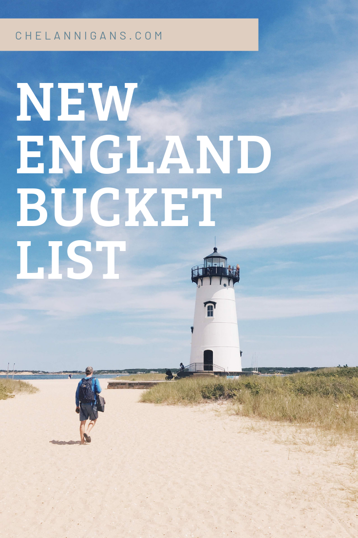 Lighthouse on a beach with text overlay - New England Bucket List