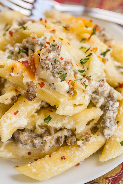 Three Cheese Italian Sausage Alfredo Bake | Plain Chicken®