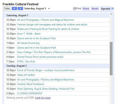 screen grab of schedule for Saturday and Sunday