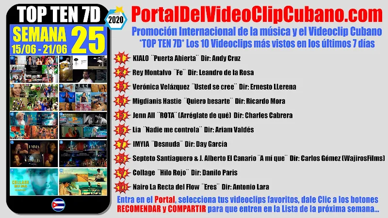 Artistas ganadores del * TOP TEN 7D * con los 10 Videoclips más vistos en la semana 25 (15/06 a 21/06 de 2020) en el Portal Del Vídeo Clip Cubano