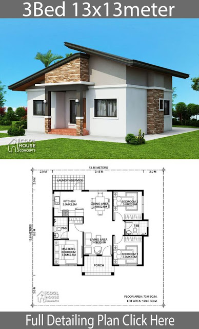 แปลนบ้านชั้นเดียว 3 ห้องนอน