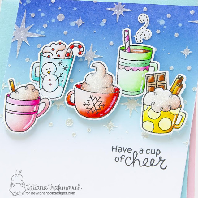 A Cup of Cheer Card by Tatiana Trafimovich | Cup of Cocoa Stamp Set and Starfield Stencil by Newton's Nook Designs #newtonsnook #handmade