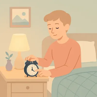 알람 시계를 보고 잠자리에 드는 사람의 일러스트