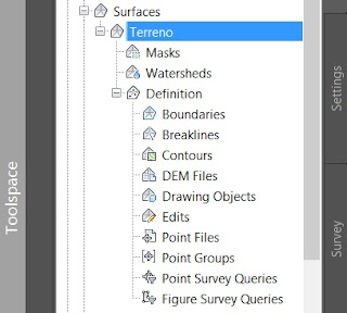 Explorando a superfície criada na toolspace, aba Prospector