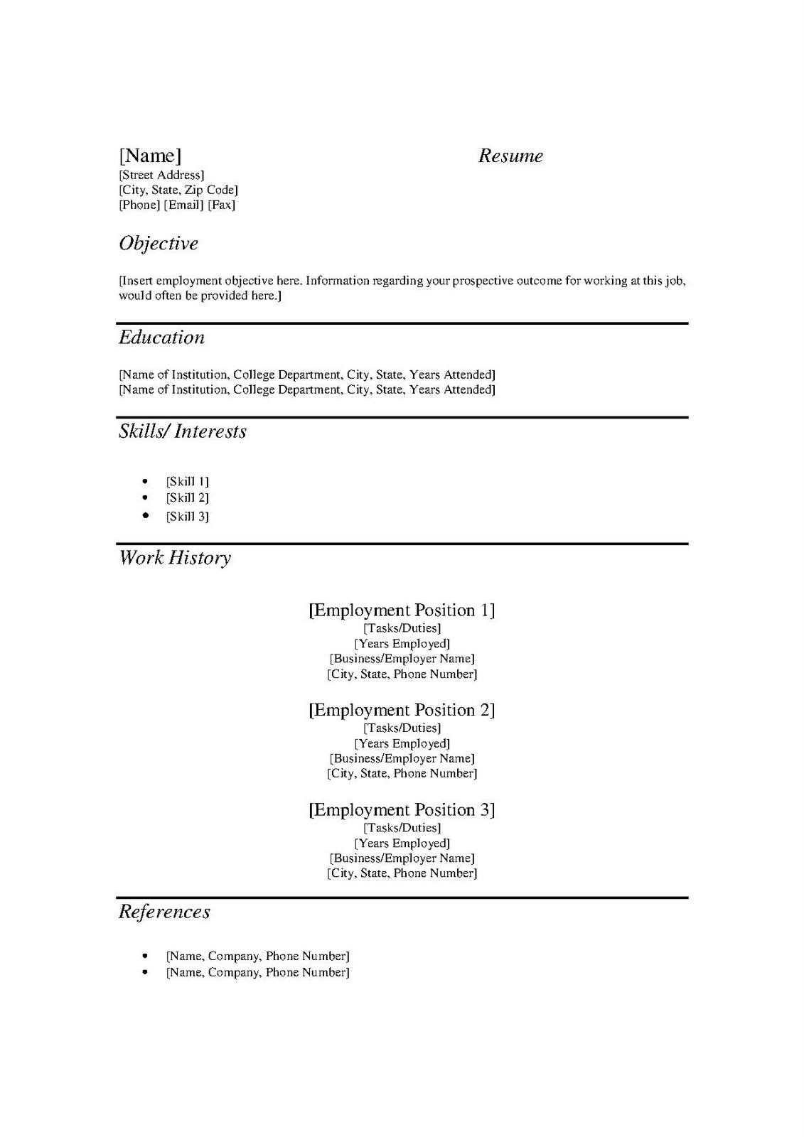 Free Resume Template Form