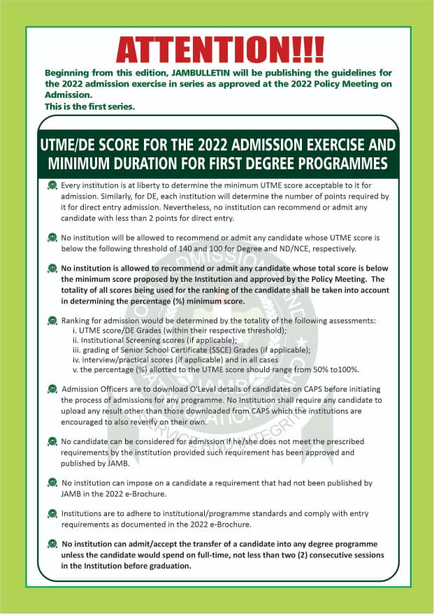 JAMB Admission Guidelines & Deadline for Institutions 2022/2023
