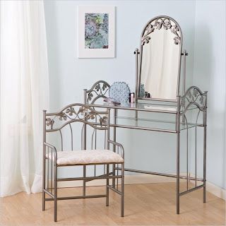 Nickel Bronze Finish Metal Vanity Table Stool & Mirror Set Reviews