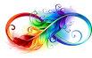 Colorful feathers intertwined in an infinity shape, displaying vibrant hues of red, orange, yellow, green, blue, and purple, with swirling patterns and splashes.