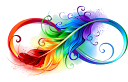 Colorful feathers intertwined in an infinity shape, displaying vibrant hues of red, orange, yellow, green, blue, and purple, with swirling patterns and splashes.