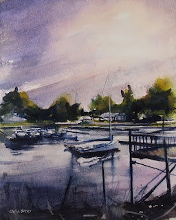 watercolor painting of boats at Wilson marina ny