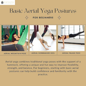Three women performing beginner-friendly aerial yoga postures: aerial mountain pose, aerial downward dog, and aerial plank pose using green and pink hammocks. Text explains how aerial yoga can help improve flexibility, strength, and balance.