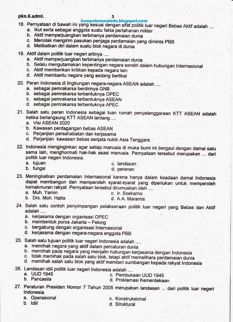 Soal PKn Kelas 6 SD UKK Semester 2 TA 2013/2014 ~ Kumpulan 