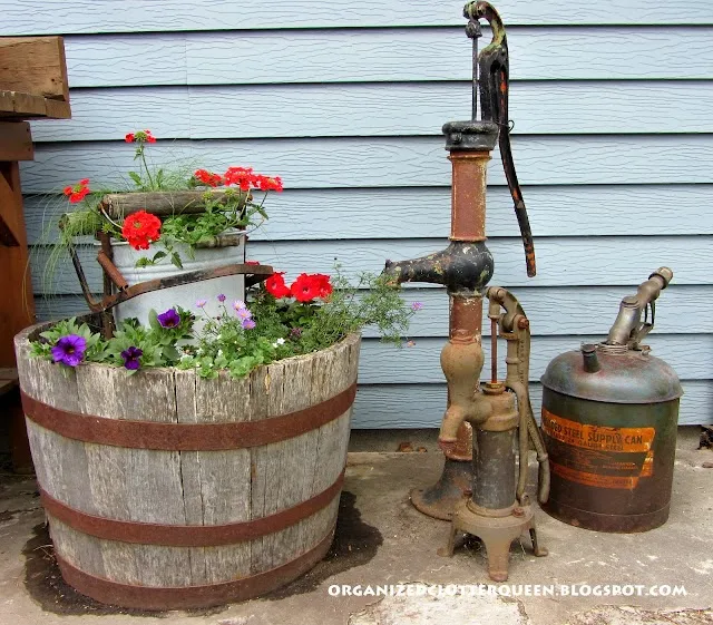 Junk Garden Crates, Lanterns, Milk Cans & Pumps www.organizedclutterqueen.blogspot.com