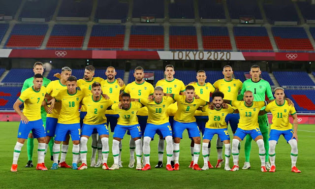 SELECCIÓN DE BRASIL. Temporada 2020-21. Brenno, Reinier, Ricardo Graca, Matheus Cunha, Douglas Luiz, Nino, Guilherme Arana, Diego Carlos, Santos. Paulinho, Matheus Henrique, Gabriel Menino, Malcom, Richarlison, Bruno Guimaraes, Claudinho, Dani Alves, Antony. SELECCIÓN OLÍMPICA DE BRASIL 2 SELECCIÓN OLÍMPICA DE ESPAÑA 1. 07/08/2021. Juegos Olímpicos de Tokio 2020, final. Yokohama, Japón, Estadio Nacional Yokohama. GOLES: 1-0: 45+2’, Matheus Cunha. 1-1: 61’, Mikel Oyarzabal. 2-1: 108’, Malcom.