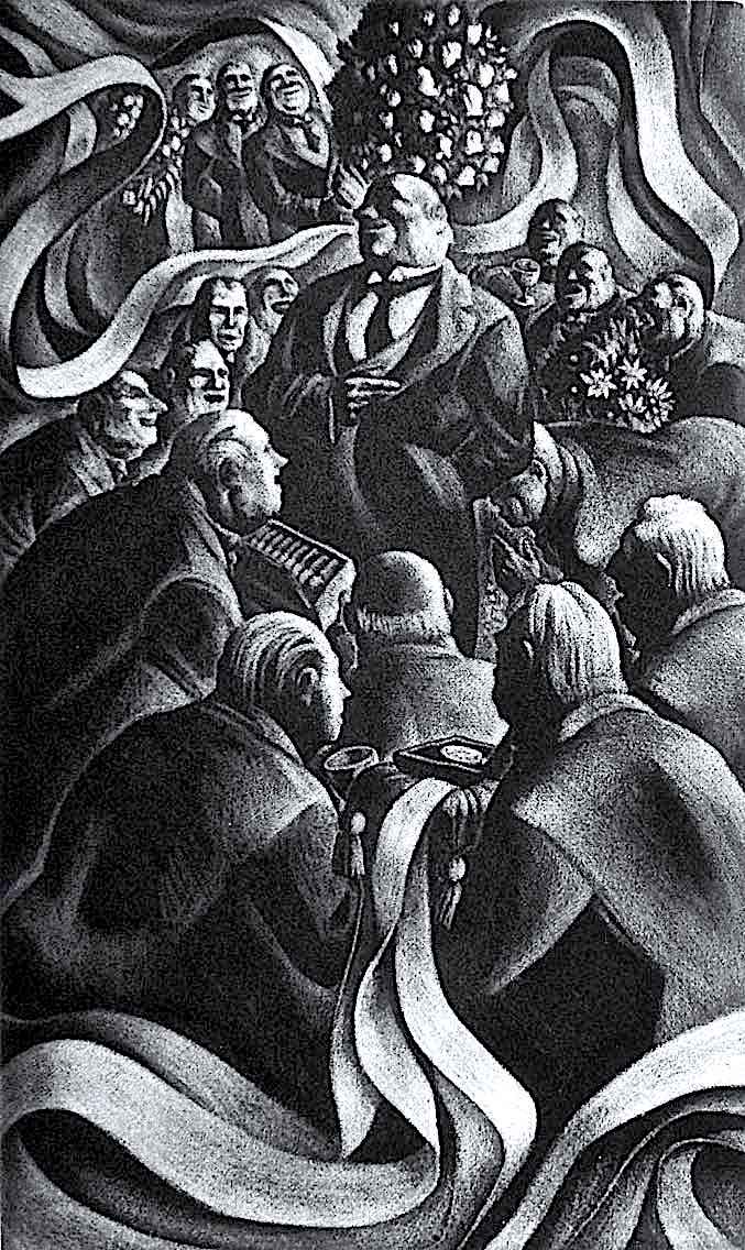 a Lynd Ward illustration of an old boys club speech