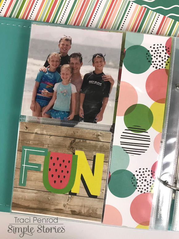 Summer pocket page scrapbook album with beach photos and polka dots