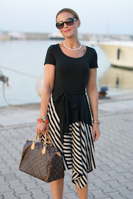 summer outfits, black and white striped dress, DKNY, Louis Vuitton Speedy 30 bag, Fashion and Cookies