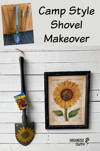 Photo of a camp style shovel painted and stenciled as garden art with chalk paint & a sunflower stencil.